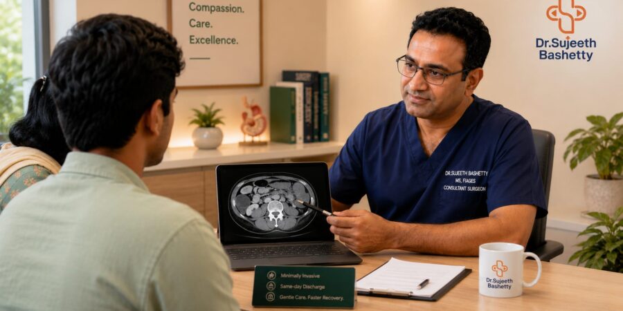 Doctor explains an abdominal scan to a patient as they sit at a desk with a laptop showing the image on screen, in a clinic setting.