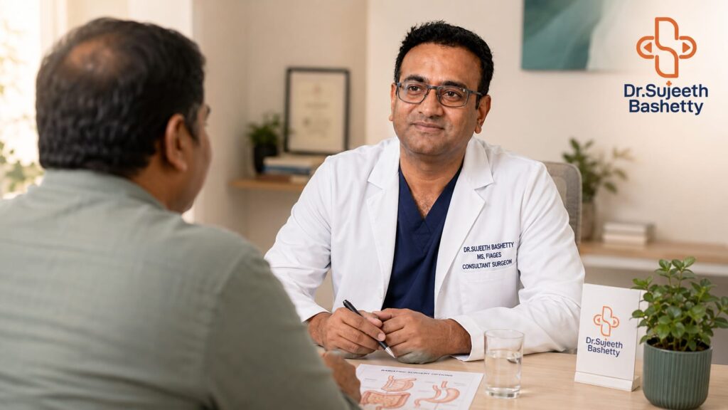 Doctor in a white coat consults with a patient at a clinic desk; logo for Dr. Sujeeth Bashetty visible on the wall.