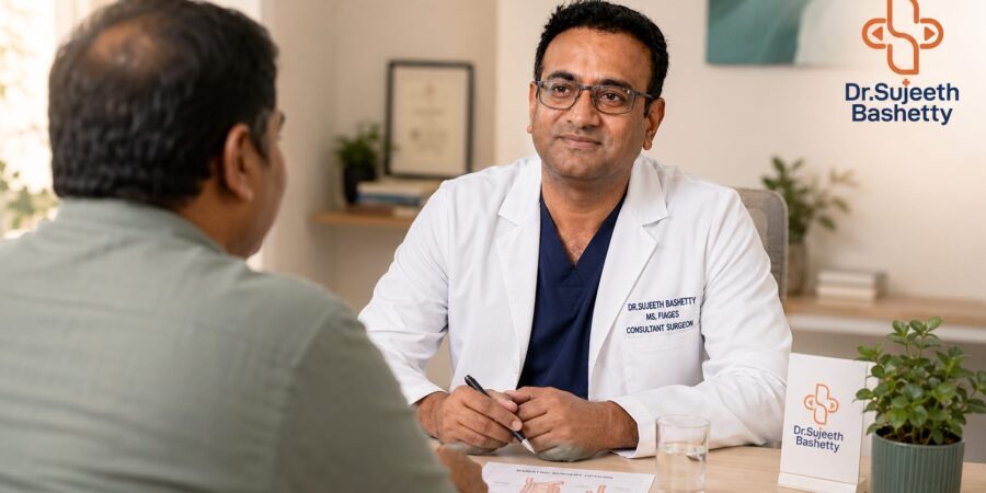 Doctor in a white coat consults with a patient at a clinic desk; logo for Dr. Sujeeth Bashetty visible on the wall.