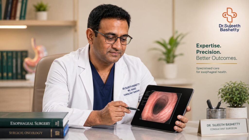 Doctor in white coat demonstrates a tablet displaying an esophagus image during a consultation, with medical books nearby and a nameplate visible.