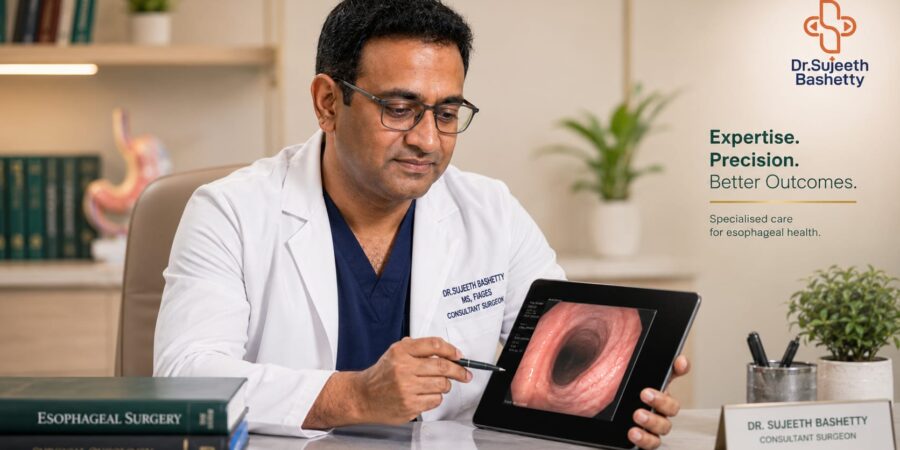 Doctor in white coat demonstrates a tablet displaying an esophagus image during a consultation, with medical books nearby and a nameplate visible.