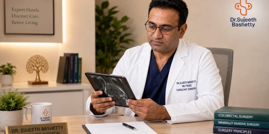 Dr. Sujeeth Bashetty, consultant surgeon, sits at a desk reading a tablet in a clinic setting with medical books nearby.