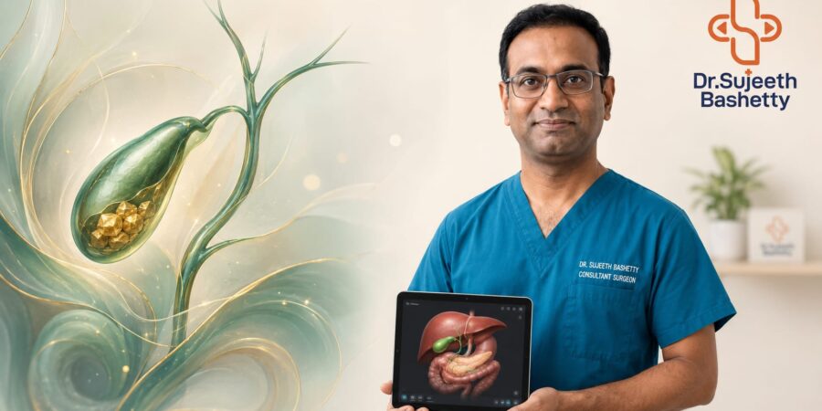 Male doctor in blue scrubs holds a tablet showing a 3D digestive system model beside clinic branding (Dr. Sujeeth Bashetty).