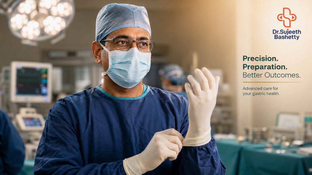 surgeon in an operating room wearing a mask, cap, and blue scrubs, putting on sterile gloves; branding on the right reads Dr. Sujeeth Bashetty and 'Precision. Preparation. Better Outcomes.'