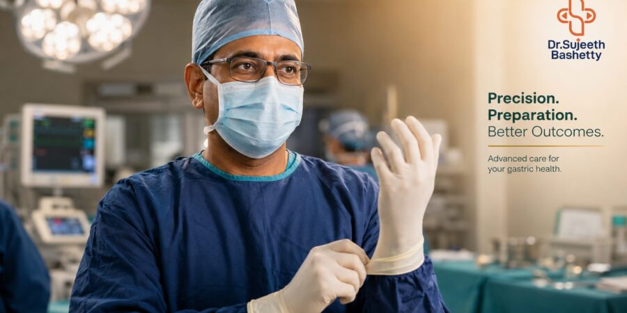 surgeon in an operating room wearing a mask, cap, and blue scrubs, putting on sterile gloves; branding on the right reads Dr. Sujeeth Bashetty and 'Precision. Preparation. Better Outcomes.'