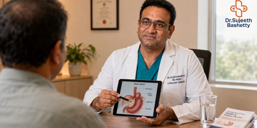 Doctor explains a hiatal hernia diagram to a patient using a tablet in a medical office, with a logo on the window.