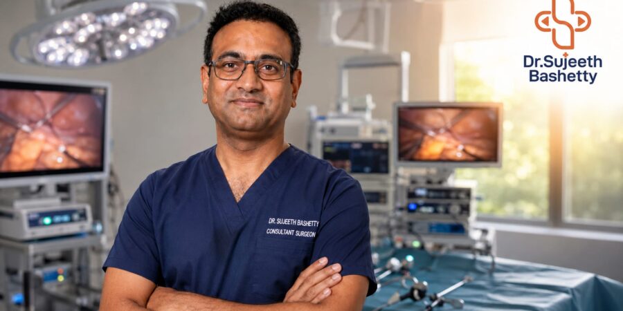 Portrait of a consultant surgeon in navy scrubs with arms crossed in an operating room, with the Dr. Sujeeth Bashetty logo visible on the right.