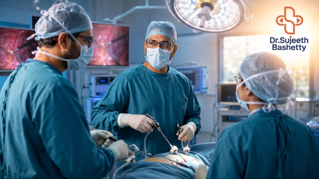 Surgeons in blue scrubs performing a laparoscopic operation in an operating room, with a logo reading 'Dr. Sujeeth Bashetty' in the top-right corner.