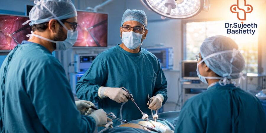 Surgeons in blue scrubs performing a laparoscopic operation in an operating room, with a logo reading 'Dr. Sujeeth Bashetty' in the top-right corner.