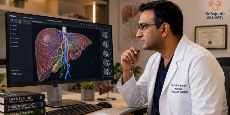 Medical professional in a white coat examines a 3D liver reconstruction on a large monitor in a clinic setting.