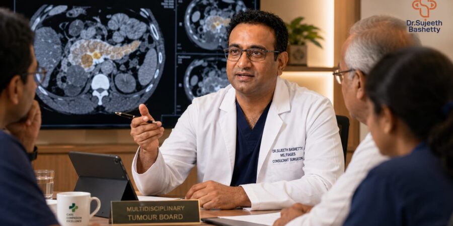 Doctor in a white coat speaks to a multidisciplinary tumor board, gesturing with a pen as CT scans fill a monitor behind him.