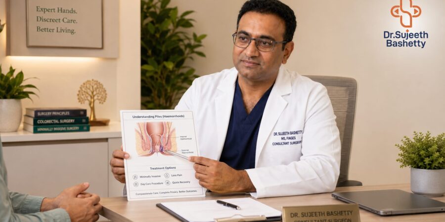 Male doctor in a white coat showing a hemorrhoids diagram to a patient in a clinic setting.
