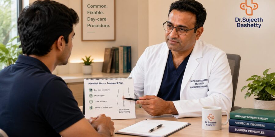 Doctor discusses a pilonidal sinus treatment plan with a patient across a desk at a clinic desk framed by medical books and a logo poster in the background