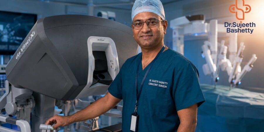 Surgeon in teal scrubs and cap standing beside a da Vinci surgical robot in an operating room, Dr. Sujeeth Bashetty logo visible in the background.