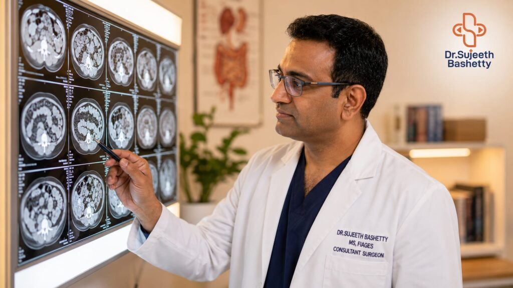 Doctor in a white coat reviews multiple MRI brain scans displayed on a backlit wall panel, pointing at one image with a pen.