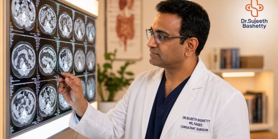 Doctor in a white coat reviews multiple MRI brain scans displayed on a backlit wall panel, pointing at one image with a pen.
