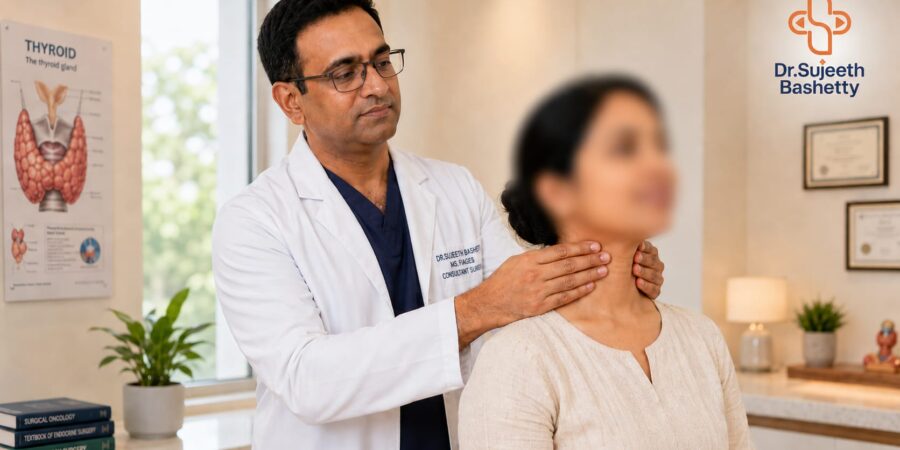 Doctor in a white coat examines a woman's neck, hands on her throat during a medical checkup in a clinic setting.