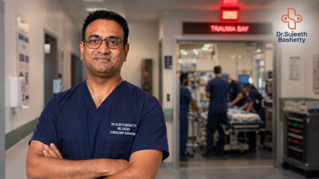 Male surgeon in navy scrubs stands with arms crossed in a hospital corridor; trauma bay crew working in the background.