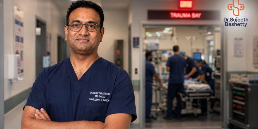 Male surgeon in navy scrubs stands with arms crossed in a hospital corridor; trauma bay crew working in the background.